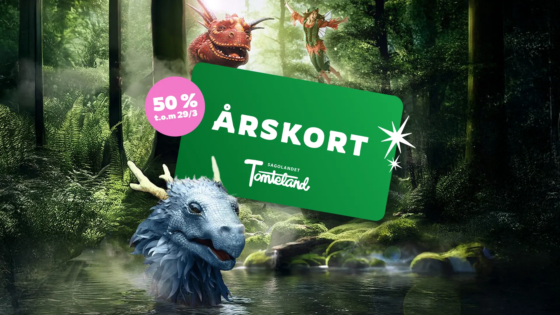 50 procent rabatt på årskort. Bild från påskkampanjen för Sagolandet Tomteland 2026. 